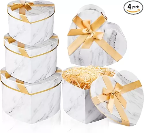 4 Pcs Heart Shaped Gift Box with Lid for Flower Arrangement Large Present Gift Box for Wedding Birthday Graduation Mothers day Anniversary Party(Marble, White)