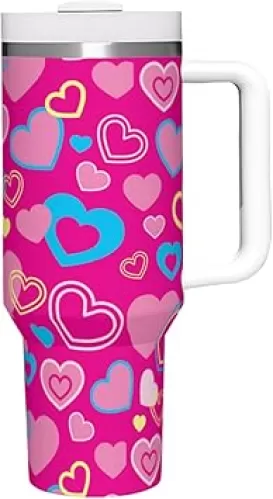 40 Oz Tumbler with Handle and Straw Lid Cute Little heart shaped Mega Mug Travel Coffee Mug Stainless Steel Insulated Cup Insulated for Hot and Cold Beverages