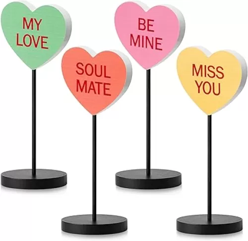 4Pcs Valentine’s Day Conversation Heart Table Decorations, Valentines Heart Tiered Tray Decor Wooden Tall Standing Block Set Wood Sign Love Table Centerpieces for Home Wedding Anniversary Party