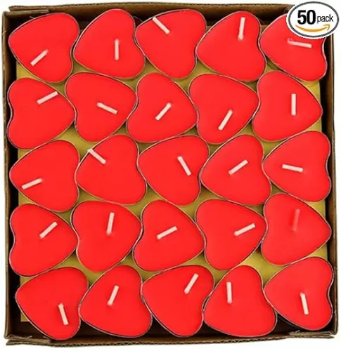 (50 Pack) Heart Shaped Unscented Tea Lights Candles - Smokeless, Dripless Paraffin Tea Candles for Dating, Valentine’s Day, Weddings, Anniversarie and Christma (Red)