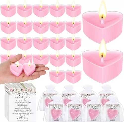 54 Sets Wedding Favors for Guests 54 Heart Shaped Candles Mini Soywax Tealight Candles 54 Thank You Cards and 54 Organza Bags for Wedding Party Favor Gift Decoration(Pink)