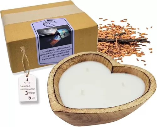6” Heart Shaped Wooden Bowl Vanilla Sandalwood Scented Soy Wax Candle - 3 Wicks 5 oz Decorative Dough Bowls Candles for Anniversary Engagement Wedding Birthday Valentine Christmas Gift