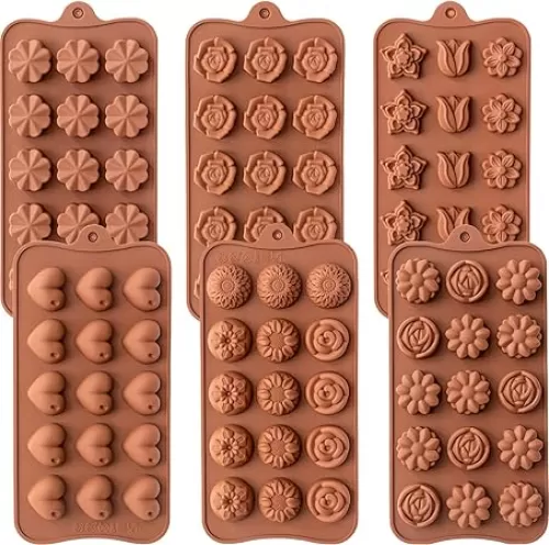 6 Pack Flower Shape Chocolate Candy Molds Silicone, Food-Grade Non-Stick Jello Mold, Crayon Mold, Silicone Baking Mold, BPA Free, including Flower, Heart, Tulip, Rose