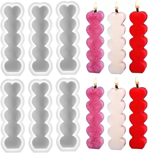 6 Pcs Love Heart Shape Candle Molds for Candle Making 3D Silicone Epoxy Resin Candle Resin Pillar Aromatherapy Candles Wax Soap Flower Specimen DIY Art Candle for Valentine's Day Party Home Decor