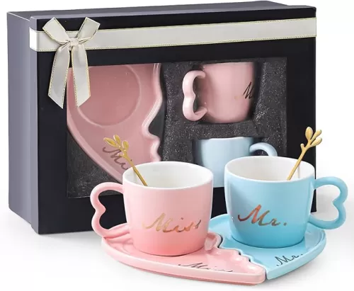 6oz Mr and Mrs Mugs Ceramic Couple Coffee Mug with Heart - Shaped Saucers, Tree - Shaped Spoons & Heart - Shaped Handles Ideal for Wedding, Engagement, Newlywed Gifts father
