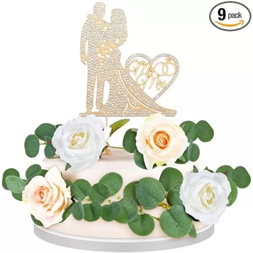 9 Pcs Mr and Mrs Wedding Cake Topper With Rhinestone Crystal, Rose Flower, Leaves, Heart Shaped Bride and Groom for Engagement, Bridal Shower, Anniversary - Gold
