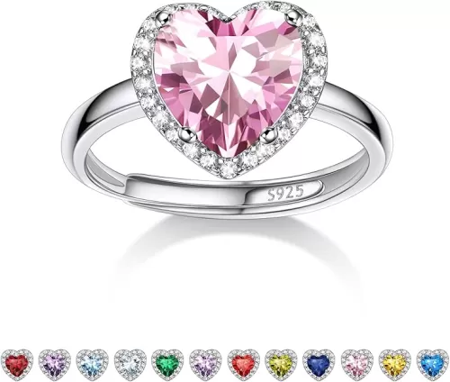925 Sterling Silver Birthstone Rings for Women Girls with Clear 2ct Heart/Round/Teardrop/Square Crystal, Solitaire Diamond Halo Open Bands Cubic Zirconia Rings Adjustable Size#6-#12
