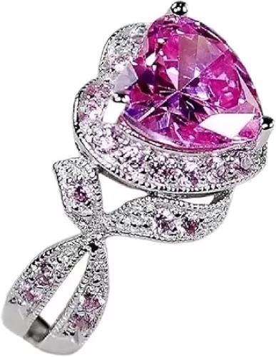 925 Sterling Silver Heart Shape Perfect Cut 3 Carat Pink Gemstone Rings Fashion Women's Pink Crystal Rings Cubic Zirconia Promise Love Halo Engagement Wedding Rings Women's Eternity Rings 560 (7)