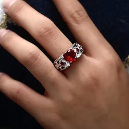 925 Sterling Silver Heart Shaped Ruby Ring Fashion Exquisite Hollow Out Design Hexagonal Red Heart Cut Gemstone Women's Elegant Banquet Jewelry-Making-Patterns