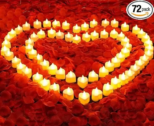 Acejoz Rose Petals and Candles Set, 6000 Pieces Fake Rose Petals and 72 Pieces Heart Candle Lights for Bedroom Romantic Decorations for Special Night, Wedding, Anniversary, Valentines Day