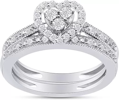 AFFY 1/4 Carat Miracle Set Round White Natural Diamond Heart Promise Engagement Bridal Set Ring For Women In 14K Gold Over Sterling Silver (Clarity I2-I3, Color : I-J, 0.25 Cttw)