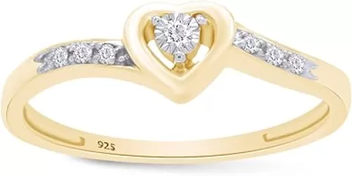 AFFY 14k Gold Over Sterling Silver 1/20 Carat Round Cut Real Diamond, Moissanite or Lab Grown Diamond In Heart Shaped Promise Ring Jewelry For Womens