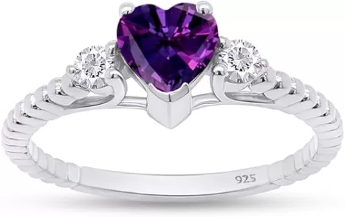 AFFY Simulated Birthstone Beaded Heart Solitaire Promise Ring 14k White Gold Over Sterling Silver Jewelry Gift for Women