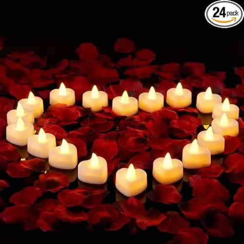 Amagic 2000 Pieces Artificial Rose Petals with 24 Heart LED Tea Lights Candles Kit, Rose Petals and Candles Set for Proposal, Anniversary, Special Romantic Night, Wedding Table Decor, Birthday