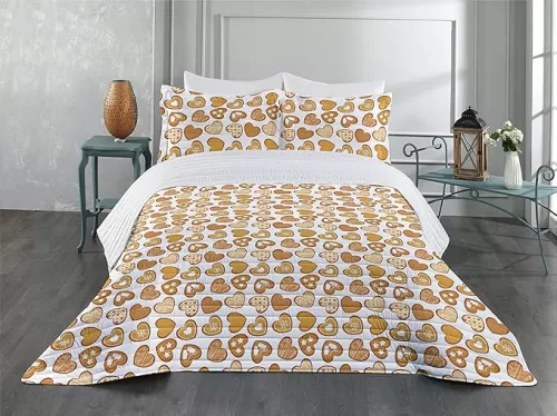 Ambesonne Christmas Microfiber Bedspread Set, Heart Shaped Gingerbread Love Cookies with Snowflakes Bakery Noel, Soft Bedding Set with Pillow Shams & Comforter, King Size, Dark Orange Amber White