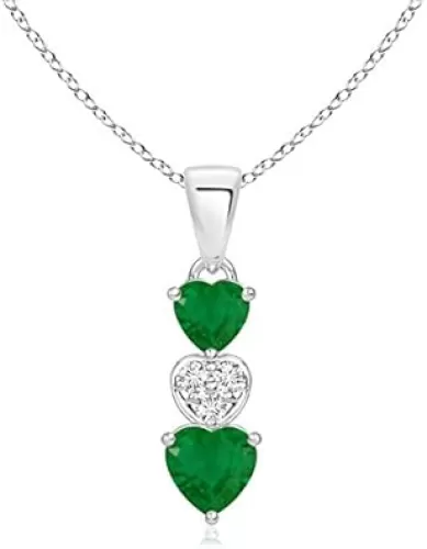 Angara Natural Dangling Emerald and Diamond Triple Heart Pendant in Silver / 14K Solid Gold/Platinum | May Birthstone, Birthday, Engagement, Anniversary, Wedding Jewelry Gift for Women