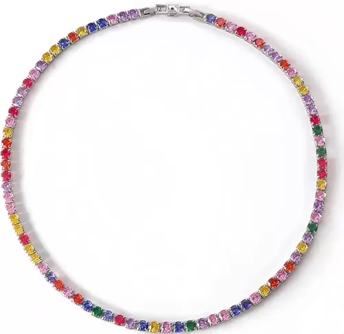 ARTLOVER 14K White Gold-Plated Tennis Necklace - High Carbon Diamond Gemstones, 5mm Multicolor CZ, Adjustable Tarnish-Free Chain | Ideal Women's Tennis Necklace
