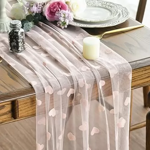 Artoid Mode Pink Heart Gauze Table Runner 120 Inch 10FT, Mother