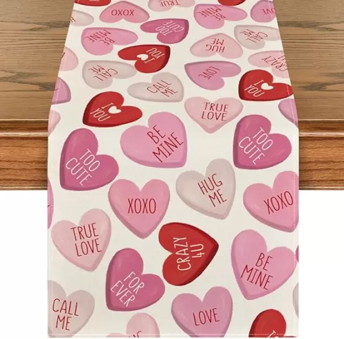 Artoid Mode Pink Ture Love Heart Table Runner, Festival Anniversary Kitchen Dining Table Decoration for Home Party Decor 13x36 Inch