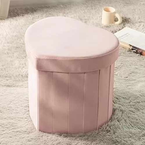 Ashler Pink Storage Ottoman, Heart Shaped Velvet Foldable Ottoman, Folding Storage for Living Room, Bedroom, Weight Capacity 220 lbs, 25 Liters Capacity, 15 in