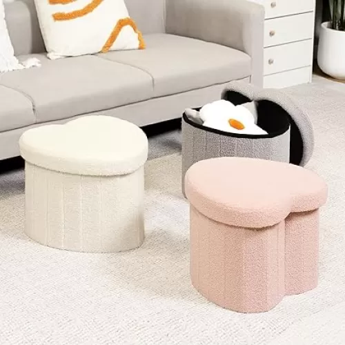 B FSOBEIIALEO Storage Ottoman Cube, Heart Shaped Ottomans with Storage Foot Stool Footrest for Lving Room, Boucle Ottoman Seat for Dorm Room, Faux Teddy Fur, White Pink Grey 15"x15"x15"