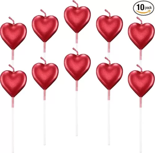 BBTO Metallic Heart Birthday Cake Candles Cupcake Topper Candles Cake Dessert Holders for Wedding, Anniversary, Romantic Night, Mother's Day, Party Decoration(10, Red)