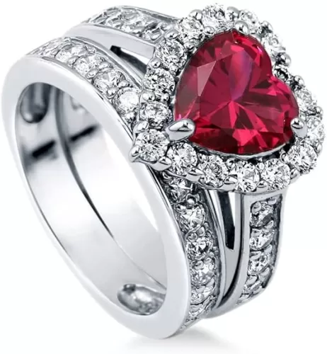BERRICLE Sterling Silver Halo Wedding Engagement Rings Simulated Ruby Heart Shaped Cubic Zirconia CZ Statement Heart Ring Set for Women, Rhodium Plated