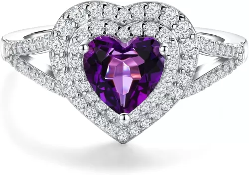 Birthstone Rings for Women 925 Sterling Silver Created Gemstone Cubic Zirconia Ring Heart/Pear/Round/Cushion/Emerald/Oval Engagement Double Halo Ring Size 6 to 10