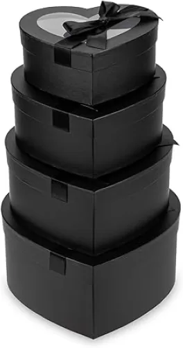 Black Heart Shaped Boxes for Flower Arrangements Heart Boxes for Flowers Set of 4 Nesting Gift Boxes with Clear Lids for Present, Valentine's Day, Mother's Day, Bridesmaid, Proposal, Wedding,