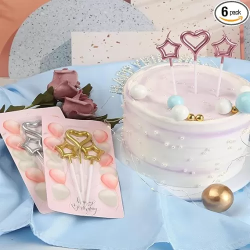 Bokin Heart and Star Shaped Birthday Cake Candles Set, Includes 6 Star Birthday Candles and 3 Heart Birthday Candles, Candle Ornament for Birthday Wedding Anniversary Valentines Day ect