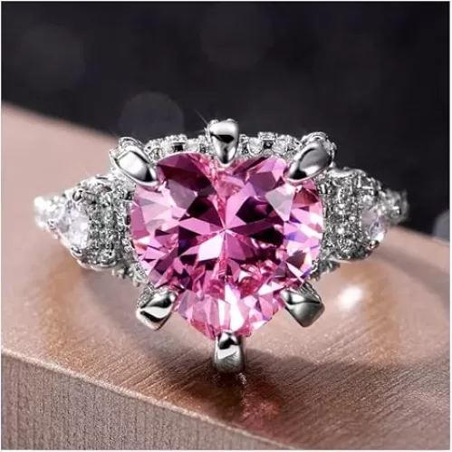 CIUFEWEK 925 Sterling Silver Shiny Full Diamond Heart Shaped Pink Gemstone Ring 3A+Cubic Zirconia Ring CZ Diamond Ring Eternal Commitment Engagement and Wedding Ring(7)
