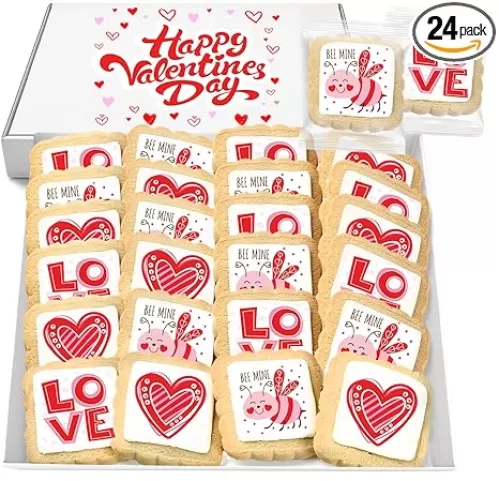Cookies Gift Baskets Box for Men Women Kids | Heart Love Cookie Treats decorated | Individually Wrapped Sugar | Nut Free | 24 Pack