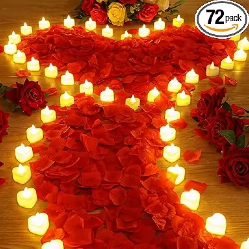 Coume 6000 Pieces Artificial Rose Petal with 72 Pieces LED Tea Lights Candle Romantic Rose Petal Heart Candle for Romantic Night Proposal Wedding Anniversary Decor(Warm White Light)