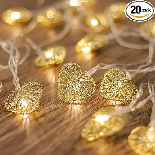 CozyHome – 5, 5YD Golden Heart Lights Battery Operated with Remote | Fairy Valentines Garland Lights LED | String Lights Indoor Bedroom Window Mirror and Outdoor | The Valentine