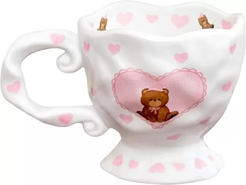 Cute Ceramic Coffee Mug with Heart Bear - 14oz Heart Mugs Kawaii Water Cup for Milk Latte & Cocoa, Funky Novelty Teacup for Holiday Birthday Gifts for Women and Girls