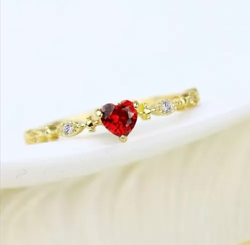 Cute Dainty Women's 14K Gold Plated Heart-Shaped Ruby Solitaire Ring - Delicate Gemstone Wedding Jewelry - Size 6-10