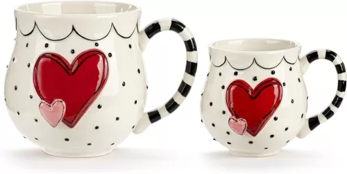 DEMDACO Matching Coffee Cup Mugs For Your Favorite Morning Brew, 14 Ounce Ceramic Stoneware, Double Hearts - Set of 2