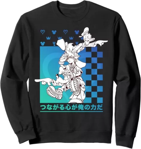 Disney Kingdom Hearts Sora Donald Goofy Kanji Checkerboard Sweatshirt