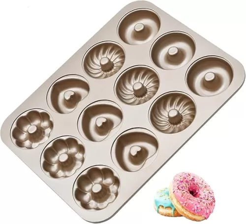 Donut Baking Pan, 12 Cavity Carbon Steel Donut Mold Cake Pan Metal Mini Donut Mold Non-stick Flower Heart Shaped Cake Mold Pan for Oven Baking