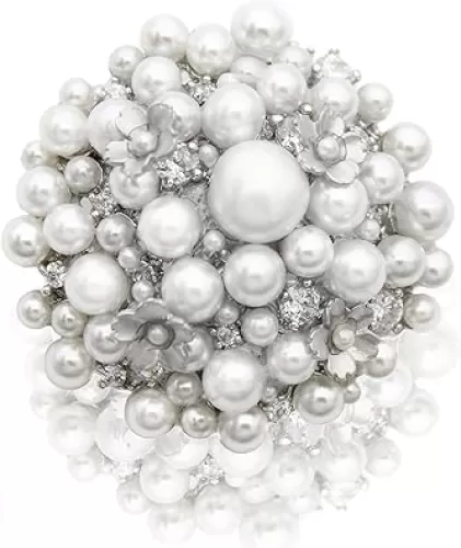 Elegant and Beautiful Pearl Silver Plated Heart Flower Zirconia Crystal Antique Brooch