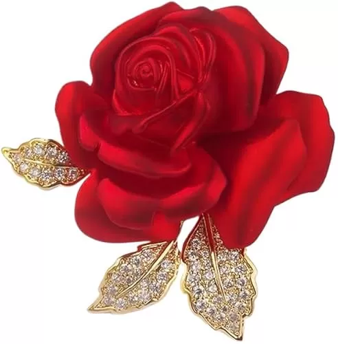 Enamel Rose Flower Brooch Pin for Women Girls Gold Plated Elegant Crystal Red Creative 3D Floral Dainty Dress Accessories Holiday Halloween Birthday Jewelry