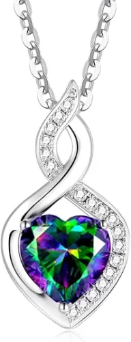 FANCIME 14K Solid White Gold Heart Birthstone Necklace with Diamond Pendent Birthday Gifts for Mom Women, Sterling Silver Chain 16" + 2" Extender