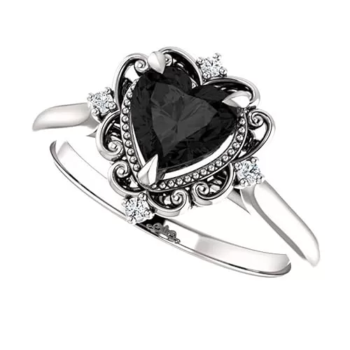 Filigree Vintage Heart Shape Black Diamond Engagement Ring, Victorian Halo 1.5 CT Heart Genuine Black Diamond Ring, Antique Black Onyx Ring, 14K Solid White Gold, Perfact for Gifts (7)