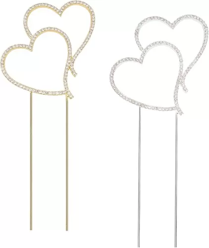 FINGERINSPIRE 2 Pcs Heart Rhinestone Cake Topper Gold & Sliver Double Heart Wedding Cake Topper Alloy Rhinestone Crystal Cake Topper for Wedding Party Anniversary Valentine