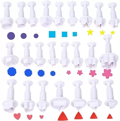 Fondant Plunger Cutters Set- 24pcs Fondant Cutters Cake Cutters for Decorating Heart Flower Star Geometric Shape DIY Decorating Mold Tools Set