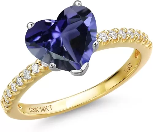 Gem Stone King 14K Two Tone Gold Heart Shape Gemstone Birthstone and Lab Grown Diamond Engagement Ring | Heart Shape 8MM and Round 1.3MM | Wedding Anniversary Promise Gold Ring For Women | Size 5 to 9