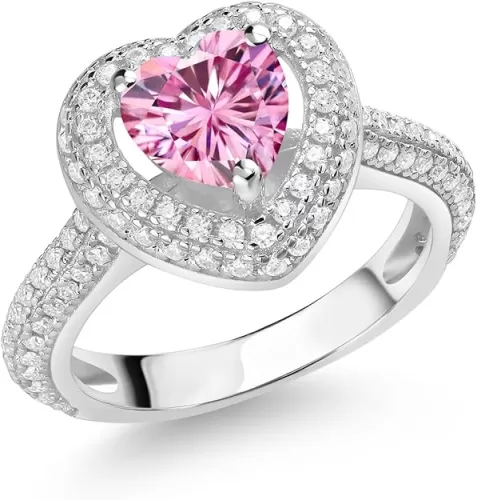 Gem Stone King 1.69 Cttw Pink and White Moissanite Heart Shape Engagement Ring For Women | 925 Sterling Silver | Heart Shape 6.5MM | Available in Size 5, 6, 7, 8, 9
