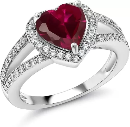 Gem Stone King 8MM Heart Gemstone Birthstone and White Moissanite Halo Ring For Women | 925 Sterling Silver | Elegant Split Shank Design | Fine Jewelry for Anniversary Wedding Engagement Promise