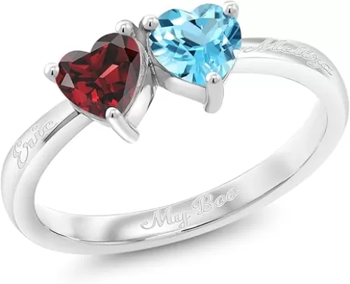 Gem Stone King 925 Sterling Silver Customized and Personalized Name Engraved Promise Love Gemstone Birthstone Double Heart Shape Fashion Mothers Name Ring For Women