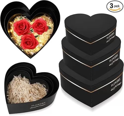 Glenmal 3 Pcs Heart Shaped Gift Boxes with Lids 100g Shredded Paper Fill Nesting Heart Flower Boxes for Wedding Bridesmaid Birthday Baby Showers Arrangements Present Packaging(Black)